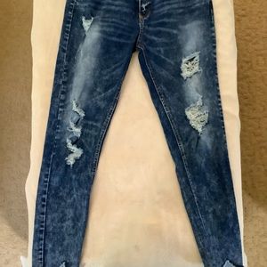 K’s More distress acid washed jean. Cut out bottom and frayed hem.